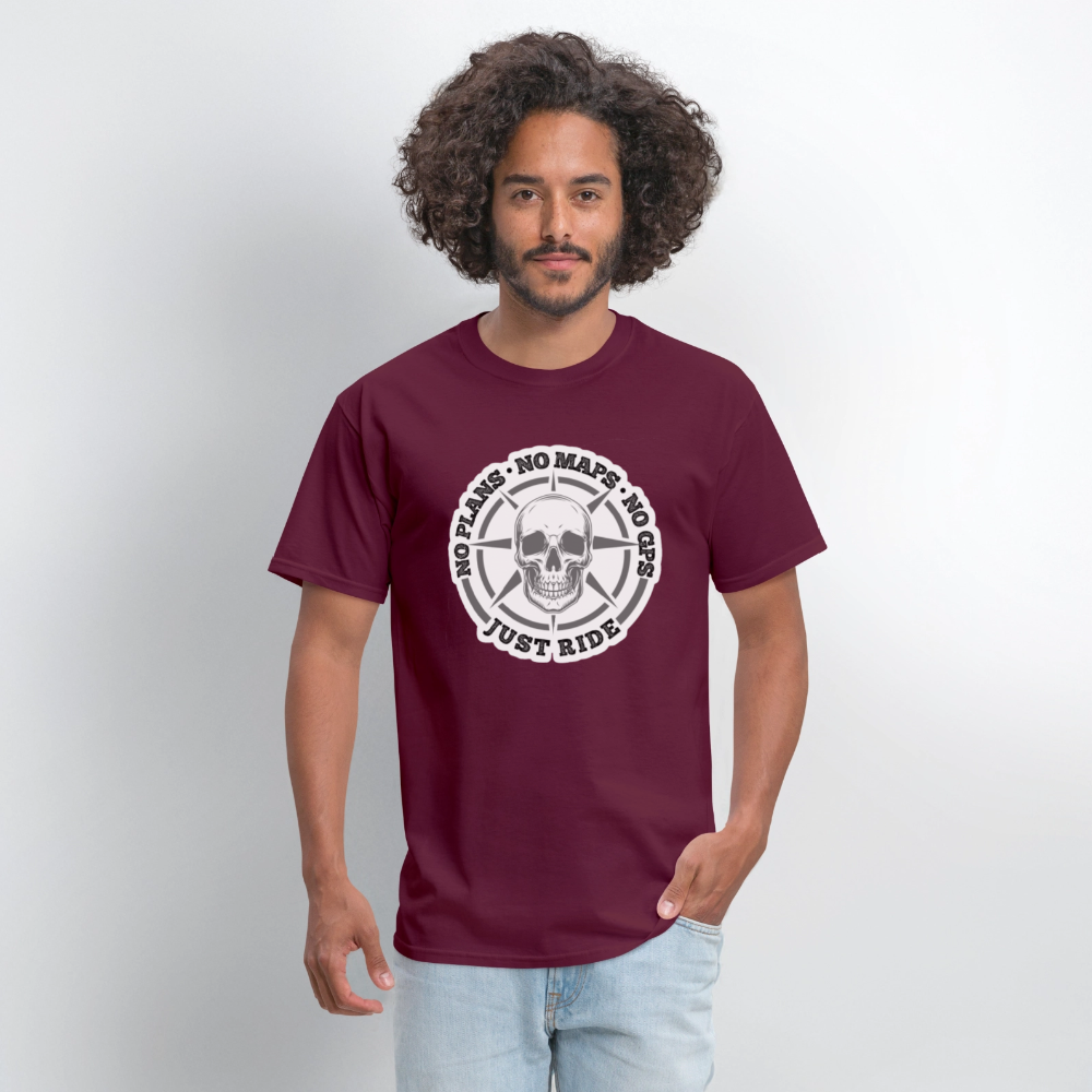 No Plans. No Maps. No GPS. Just Ride. T Shirt - burgundy