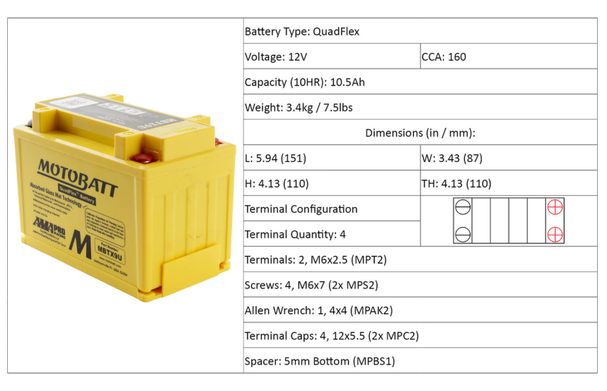 Motobatt Battery Quadsflex AGM - MBTX9U